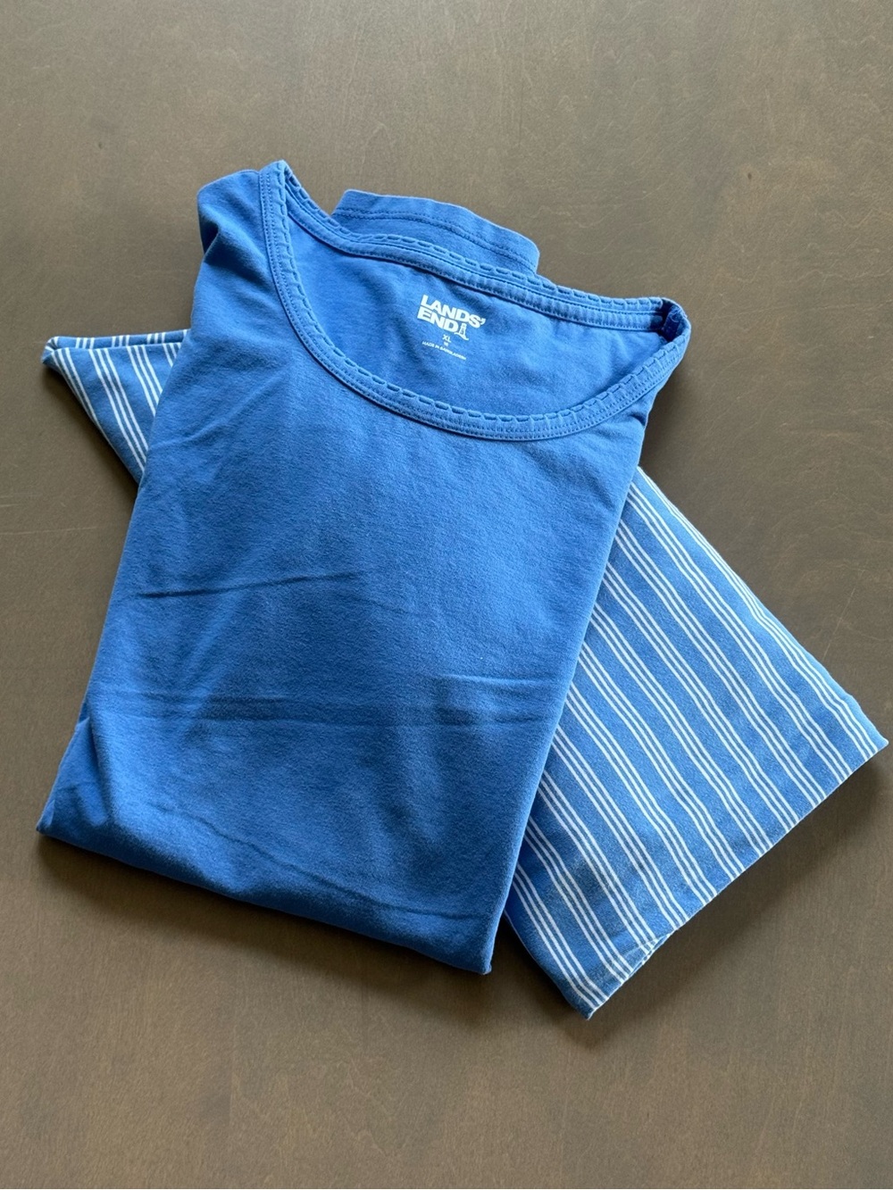Lands' End Blue Long Sleeve Pajama Set - Solid & Striped